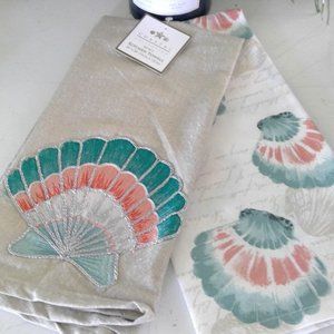 Turquoise +Coral  Clamshell Kitchen Towels (embroidered) * NEW *